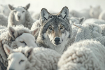 Wolf stands out among flock of many white sheep. Livestock hunt predator danger, agriculture problems