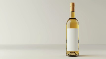 White Wine Bottle with Clean Label Design, A sleek white wine bottle with a clear, crisp wine inside and a clean label, against a neutral background for elegant branding.