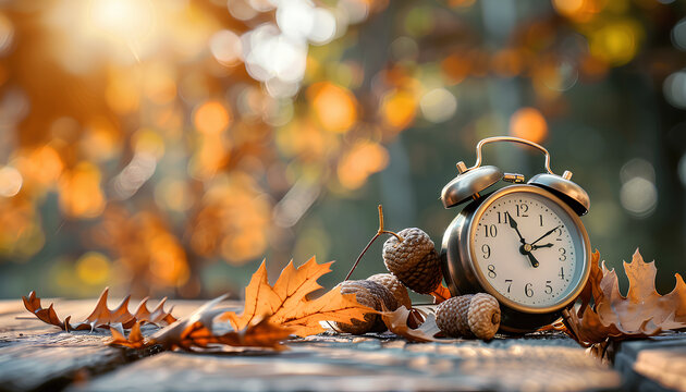 Alarm clock, acorns and autumn leaves on table outdoors. Daylight saving time end