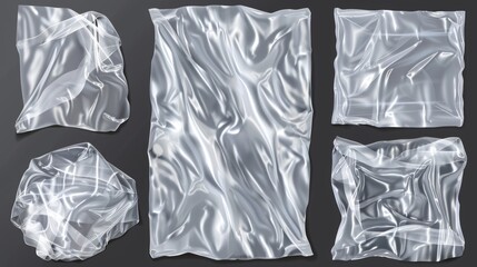 Isolated wrinkled pieces of plastic wrap on a transparent background. Modern illustration of glossy polyethylene bags with stretch film textures with crumpled surfaces, overlay effect.