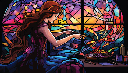 Illustration in stained glass style with a girl cooking in the kitchen