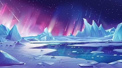 Modern cartoon illustration of colorful abstract northern lights in the night sky, rocky mountains, frozen water surface, nordic landscape. - obrazy, fototapety, plakaty