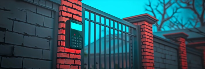 Closeup of a residential gate with an automated access control system, keypads and card readers ensuring controlled entry