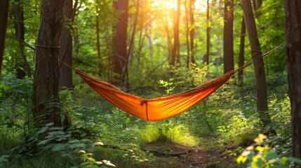 A hammock strung between two towering trees the ultimate spot for a rejuvenating nap in the fresh forest air. 2d flat cartoon.