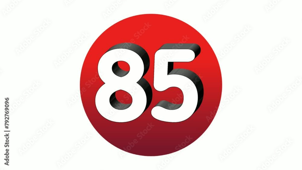 Poster 3d number 85 eighty five sign symbol animation motion graphics icon on red sphere on white backgroun