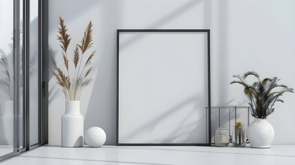 Empty square frame mockup in modern minimalist interior over white wall background with plant 