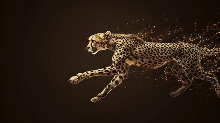 Low poly cheetah in motion. mesh spheres from flying debris. AI generated - obrazy, fototapety, plakaty