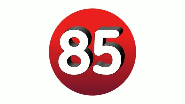 3D Number 85 eighty five sign symbol animation motion graphics icon on red sphere on white background,cartoon video number for video elements