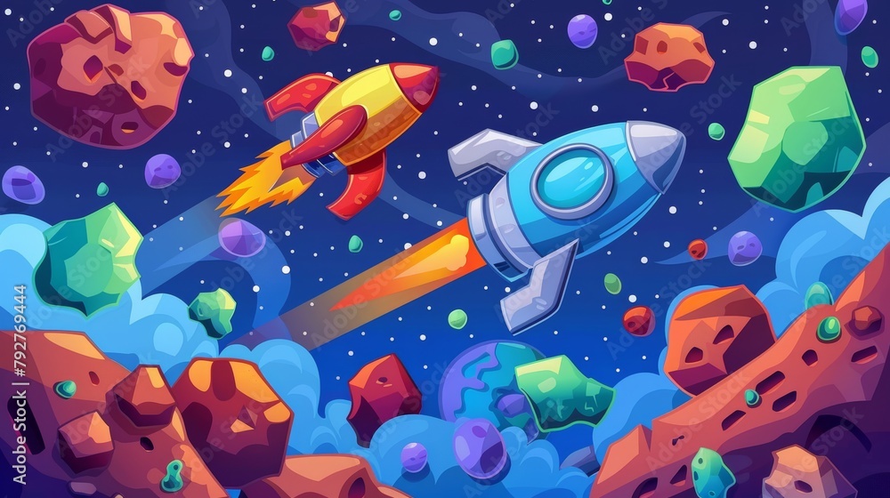Poster for cosmic app interface, ui level map for galaxy space game with rocket background. online galaxy a