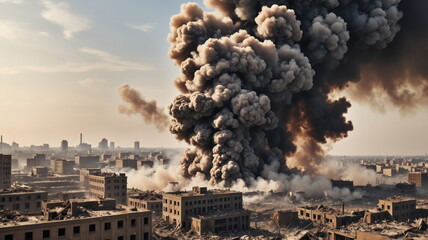 A huge explosion in the middle of the city, a lot of smoke and destruction - Powered by Adobe