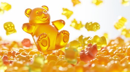Joyful Gummy Bears in a Colorful Candy Deluge, A cheerful, oversized gummy bear revels among a cascade of smaller gummy candies in a bright, sugary display. - obrazy, fototapety, plakaty