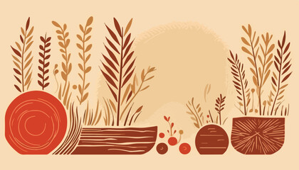 Vector illustration with a lot of different plants in pots on a beige background