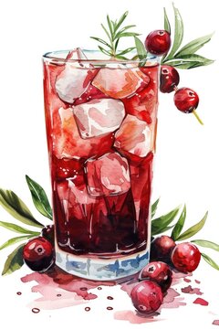 Vibrant Watercolor Painting of a Refreshing Cranberry Cocktail in a Glass