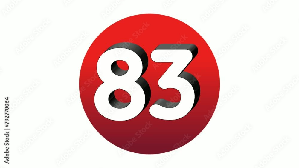 Poster 3d number 83 eighty three sign symbol animation motion graphics icon on red sphere on white backgrou