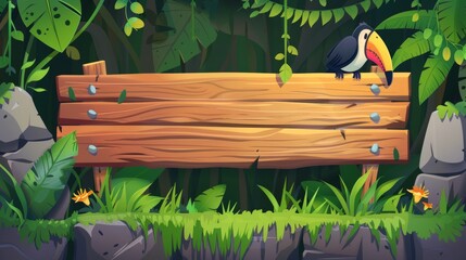 A jungle wooden sign board with a toucan and stones, green grass and liana vines. A tropical forest wood frame for signage and title text. A blank game board with an arrow and plants. - obrazy, fototapety, plakaty