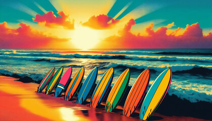 Surf boards on stands on a beach at sunset/sunrise,waves lapping res kies fluffy clouds summer time in a pop art style