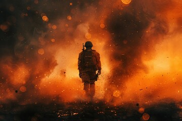 Intensely dramatic image of a single soldier walking resolutely into a fiery explosion