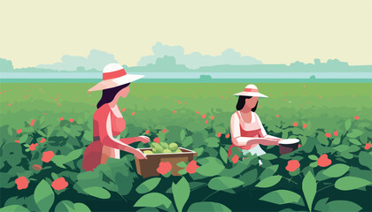 Two women harvesting strawberries in the field. Flat style vector illustration.
