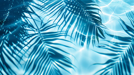 Obraz premium A blue palm leaves reflected in the water. Tropical leaf shadow on water surface. Shadow of palm on blue water. Beautiful abstract background