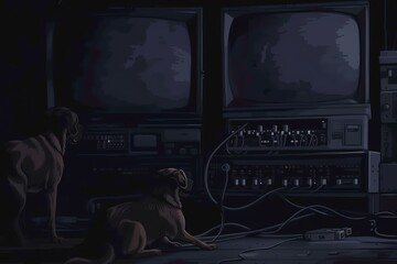 Renowned for their keen sense of smell, a pack of bloodhounds sniffed out faulty circuit boards in a whimsical electronics factory, their wagging tails a sign of success - obrazy, fototapety, plakaty