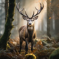 A large male deer stands in a misty forest.