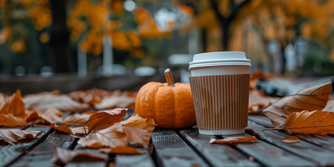 
A cozy fall picnic setup with plaid blankets pumpkins and coffee cup. - obrazy, fototapety, plakaty