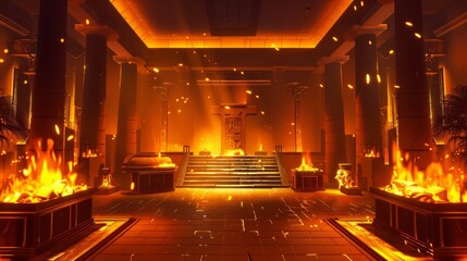 During the night, an ancient Egyptian pharaoh temple is illuminated by the light of a sarcophagus in the background. A fire is burning inside the pyramid museum palace interior with ramses' tomb, - obrazy, fototapety, plakaty