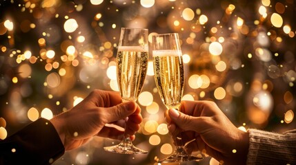 Closeup shot of two people clinking champagne glasses in a Champagne Toast at Midnight celebration - obrazy, fototapety, plakaty
