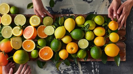 A group of people standing around a cutting board, arranging lemons and oranges for a citrus fruit...