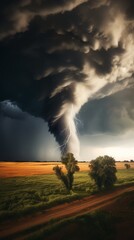 A large tornado with lightning touches down in a rural field.