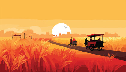 Vector illustration of a wheat field with a tractor on the road.