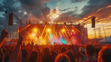 A large outdoor concert at sunset, wide stage with a band performing energetically, audience with...