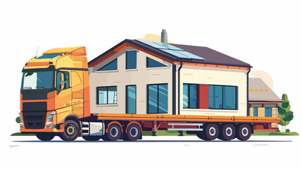 A big truck transports a readymade modular house isolated