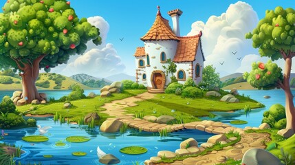 A fairytale medieval house cartoon background with a magic princess palace in the water, a road to the Italian kingdom, and Nenuphar in the swamp. - obrazy, fototapety, plakaty