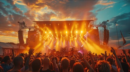 A large outdoor concert at sunset, wide stage with a band performing energetically, audience with...