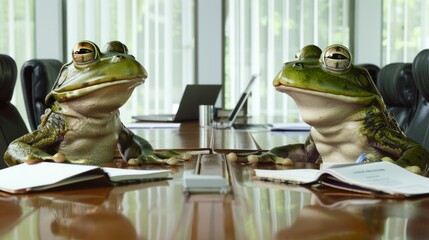 Corporate scene of two frogs in business attire sitting on a wooden table engaged in a meeting
