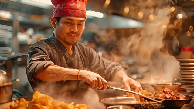 Chef preparing Peking duck in a bustling Beijing eatery.