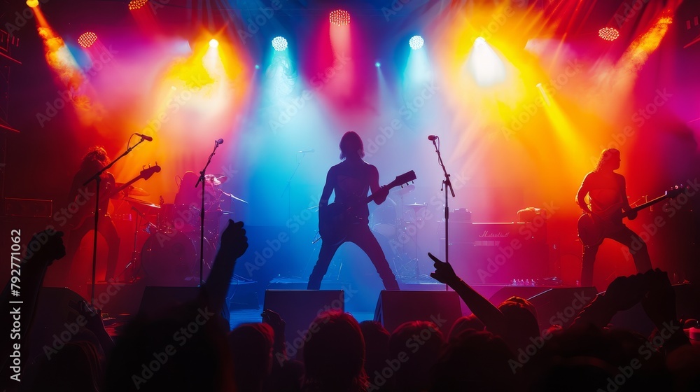 Wall mural a group of people performing on stage under vibrant colorful lights, showcasing their dynamic energy