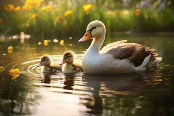 A mother duck is swimming in a pond with her two ducklings.