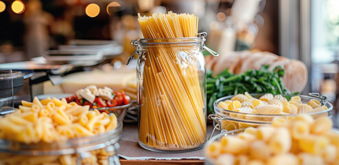 Close-up of a glass jar with long Italian pasta on the table. Raw spaghetti made from durum wheat flour. - obrazy, fototapety, plakaty