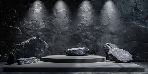 Grunge background with product podium and big rocks on it and dark wall background with lights.