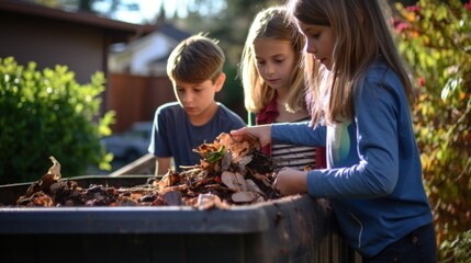 Children emptying kitchen waste in to a compost bin. Environmentally friendly lifestyle. compost out of composter, farmer lifestyle. Ecology protection and reduce pollution concept