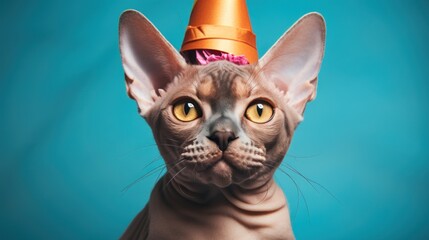 Celebrating sphynx cat's birthday with blue background. A holiday for beloved pet cat