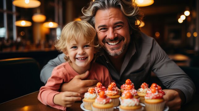 Father and cute little daughter enjoying time together in cafe eating desserts. Happy Birthday party. Happy Father's day - Powered by Adobe