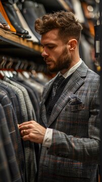 Dapper Shopping Experience Man Admiring Tailored Suits in a Chic Boutique Style and Class