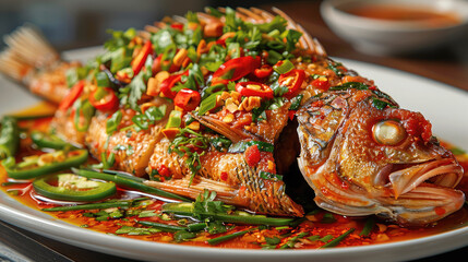 Delicious whole fish lightly breaded and deep fried pla rad prik with covered in thai peppers and thick sweet and spicy sauce, studio lighting. Generative AI. - obrazy, fototapety, plakaty
