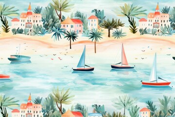 boat. beach huts on coast sea, ocean or lake. Marine illustration, beach landscape