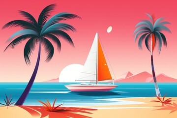 Fototapeta na wymiar Colorful sunset on the tropical island. Beautiful ocean beach with palms and yacht illustration. Summer traveling and holiday. Palm trees and sea. Nature landscape and seascape