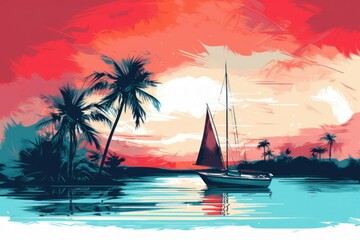 Colorful sunset on the tropical island. Beautiful ocean beach with palms and yacht illustration. Summer traveling and holiday. Palm trees and sea. Nature landscape and seascape - obrazy, fototapety, plakaty