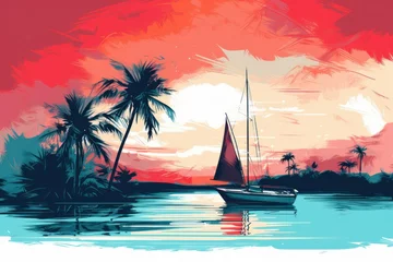 Fotobehang Colorful sunset on the tropical island. Beautiful ocean beach with palms and yacht illustration. Summer traveling and holiday. Palm trees and sea. Nature landscape and seascape © masherdraws